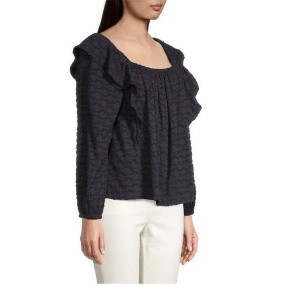 Vineyard Vines Textured 100% Cotton Ruffle Long Sleeve Blouse - Black Size Small - Picture 1 of 11